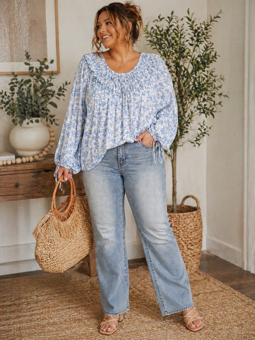 A Beautiful Soul Blue Floral Smocked Ruffle Blouse 3X